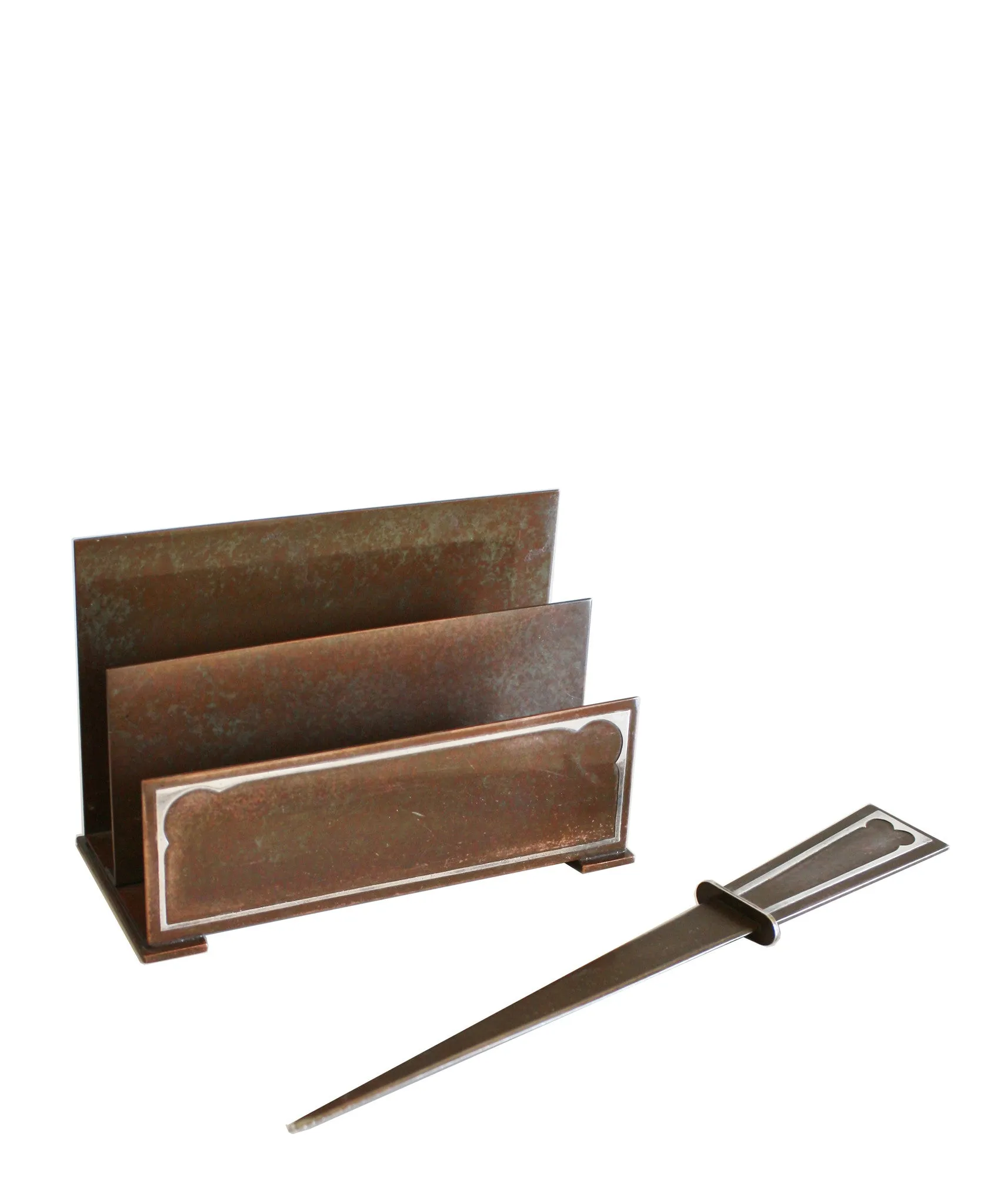 1930s Sterling Silver and Bronze Desk Set, Letter Holder and Letter Opener