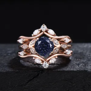 6.5mm Round Galaxy Blue Sandstone Engagement Ring Vintage Enhancer Guard Ring Set Moissanite Blue Goldstone Cluster Bridal Set Promise Gift