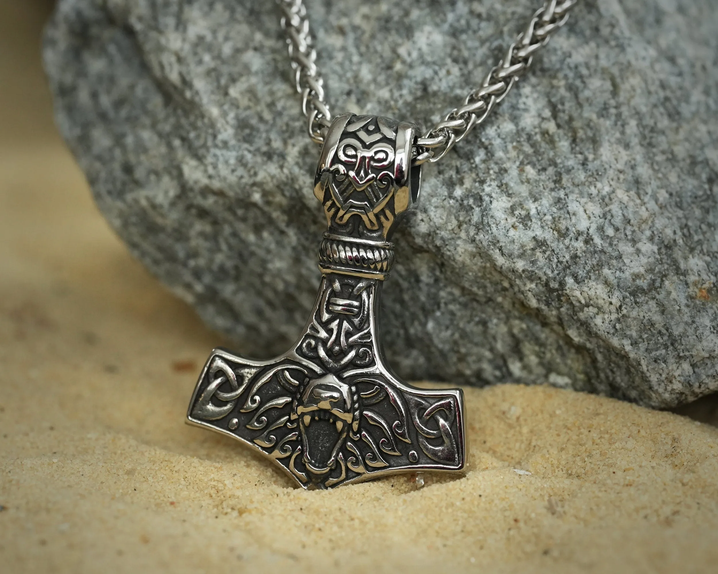 925 Sterling Silver Bear Viking Thors Hammer Necklace Pendant - Courage and Strength Amulet Talisman -Thor Gifts for Men - Viking