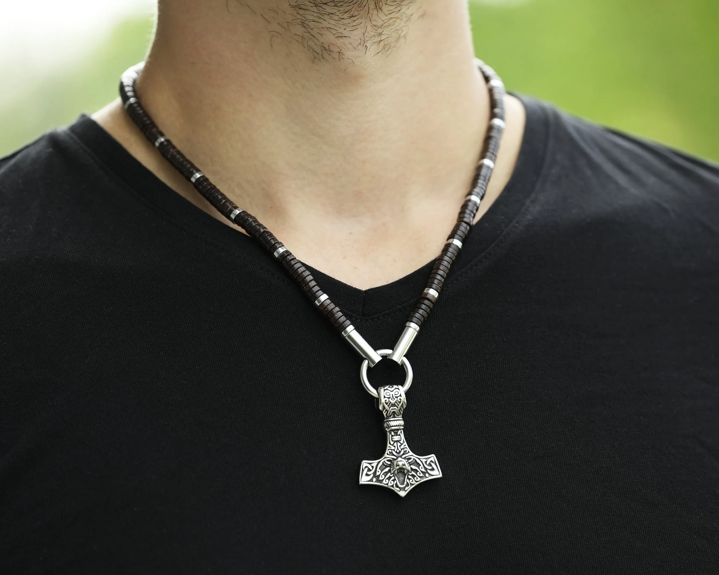 925 Sterling Silver Bear Viking Thors Hammer Necklace Pendant - Courage and Strength Amulet Talisman -Thor Gifts for Men - Viking