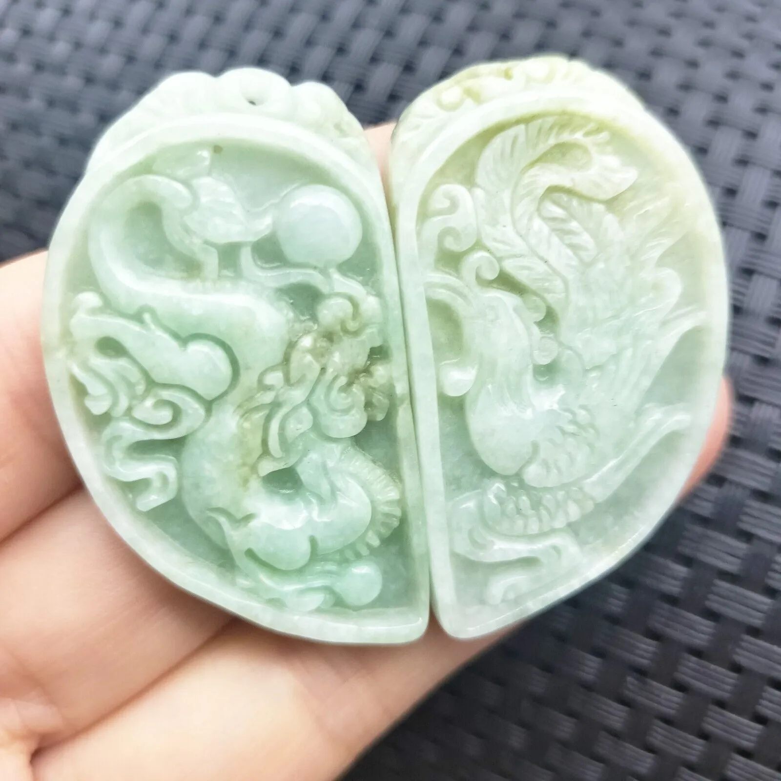 Certified Light Green Natural Type A Jadeite Dragon Phoenix (Pair) Pendants