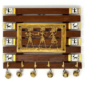 Dhokra & Warli Hand-Painted Key Holder On Wood (6 Hooks) - Wall Decor