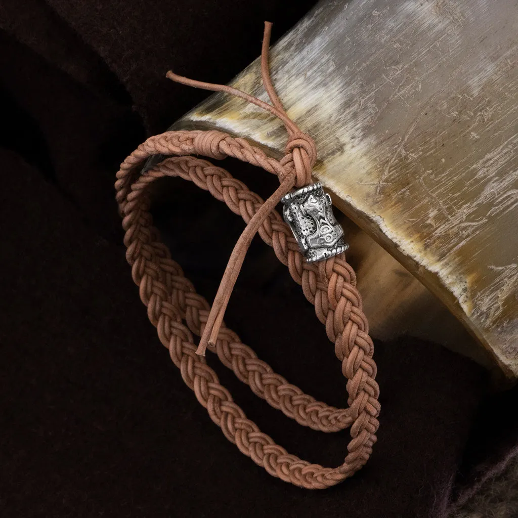 Double Leather Bracelet, Silver Mjolnir