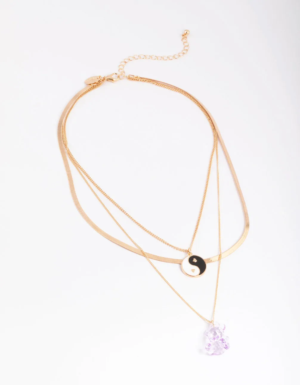 Gold Cute Bear & Yin Yang Necklace