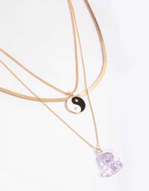 Gold Cute Bear & Yin Yang Necklace