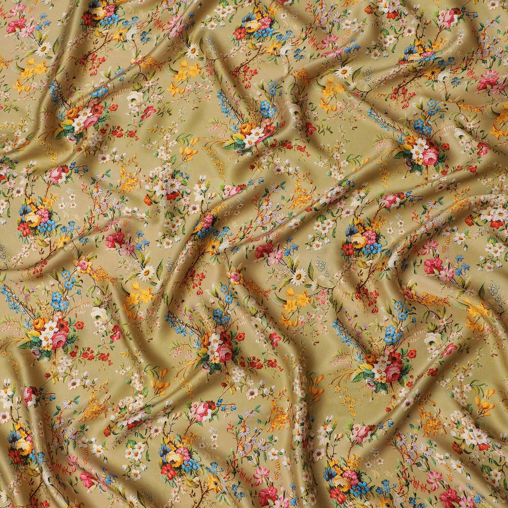 Golden Beige Floral Silk Satin Fabric with Mirror Work - 110 cm Width-D20281