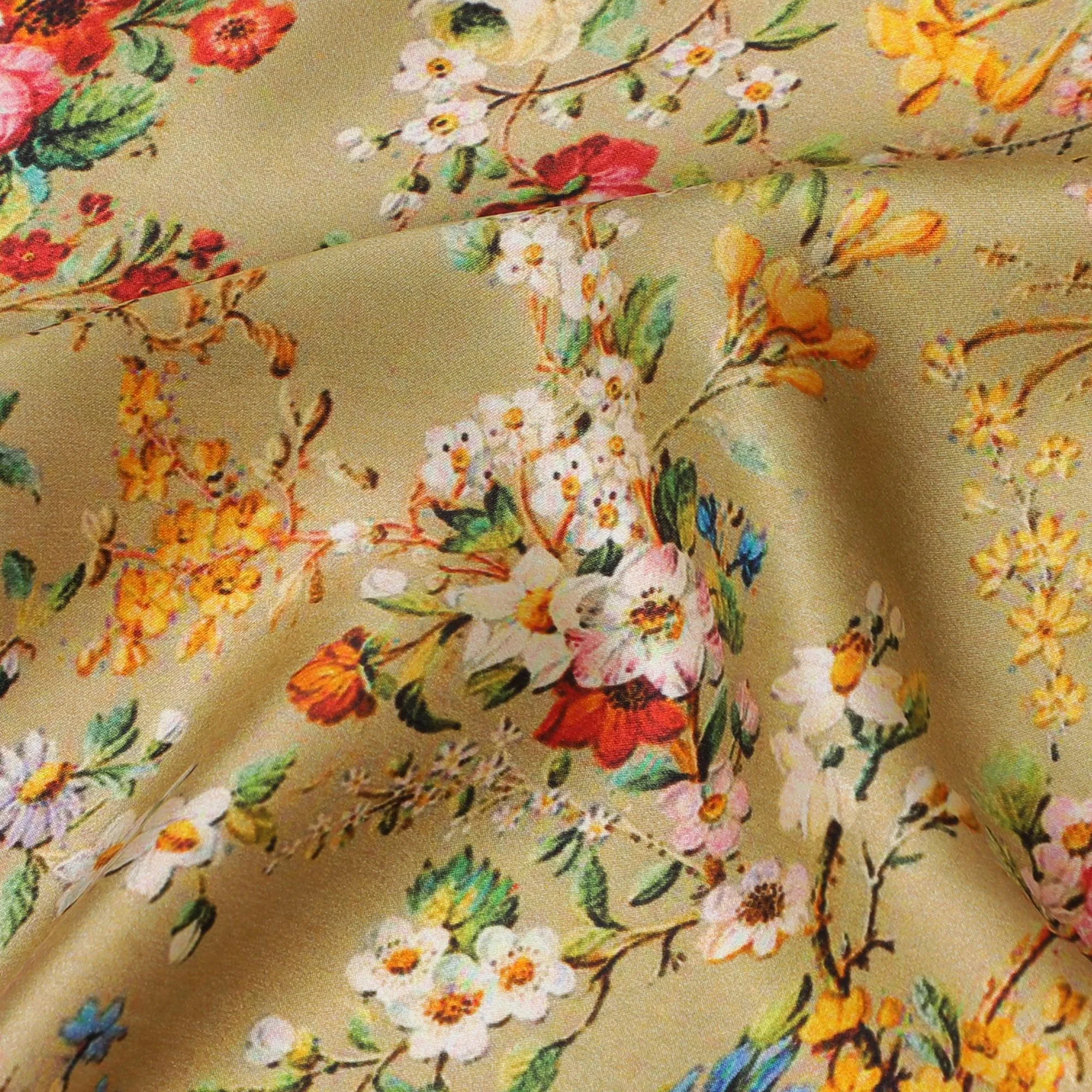 Golden Beige Floral Silk Satin Fabric with Mirror Work - 110 cm Width-D20281