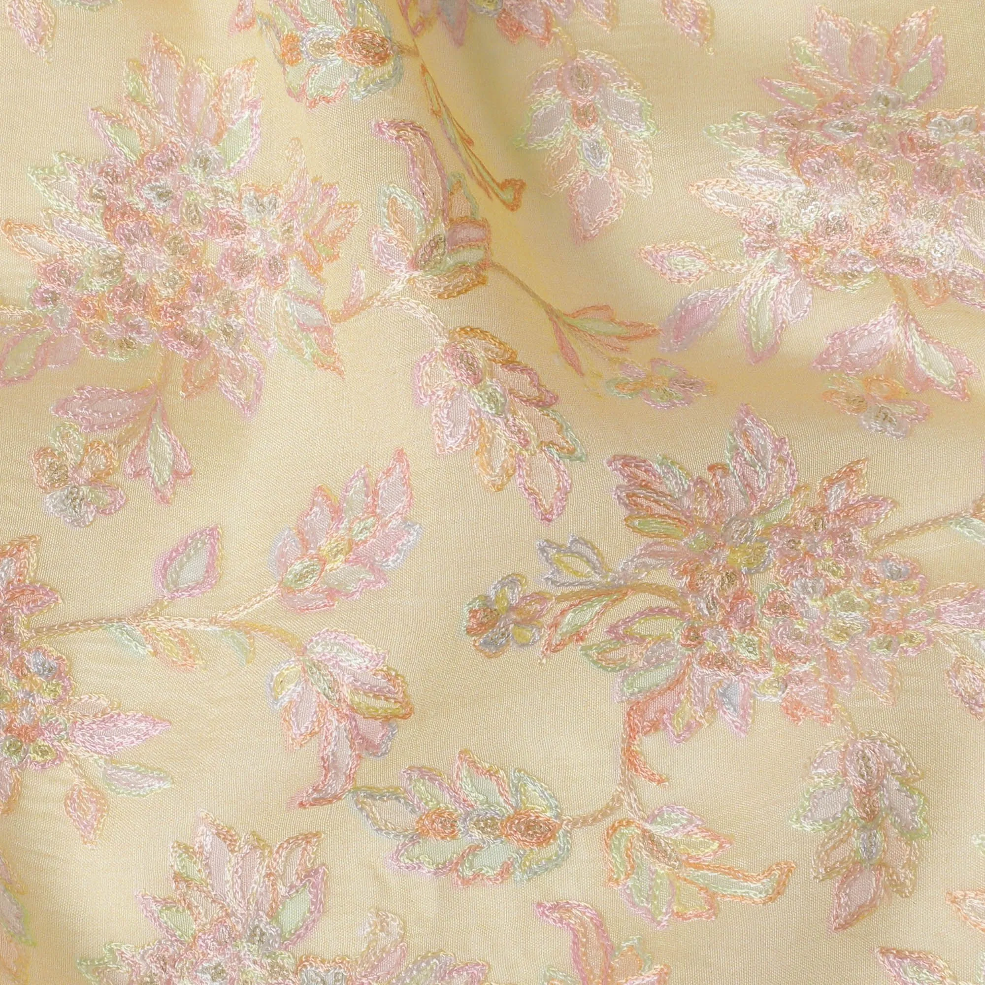 Golden Dawn Embroidered Premium Tussar Silk Fabric - 110cm, Floral Elegance, Authentic Indian Weave-D17695