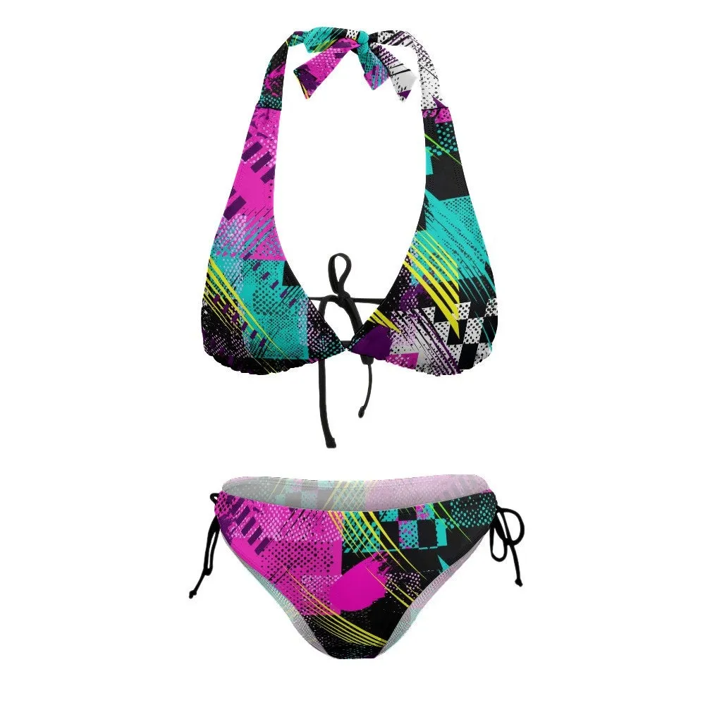 Halter Bikini, Retro 80s 90s Abstract Print Bikini, Two piece bikini set, Abstract Black Bikini, Retro Swimsuit, Women's Bikini