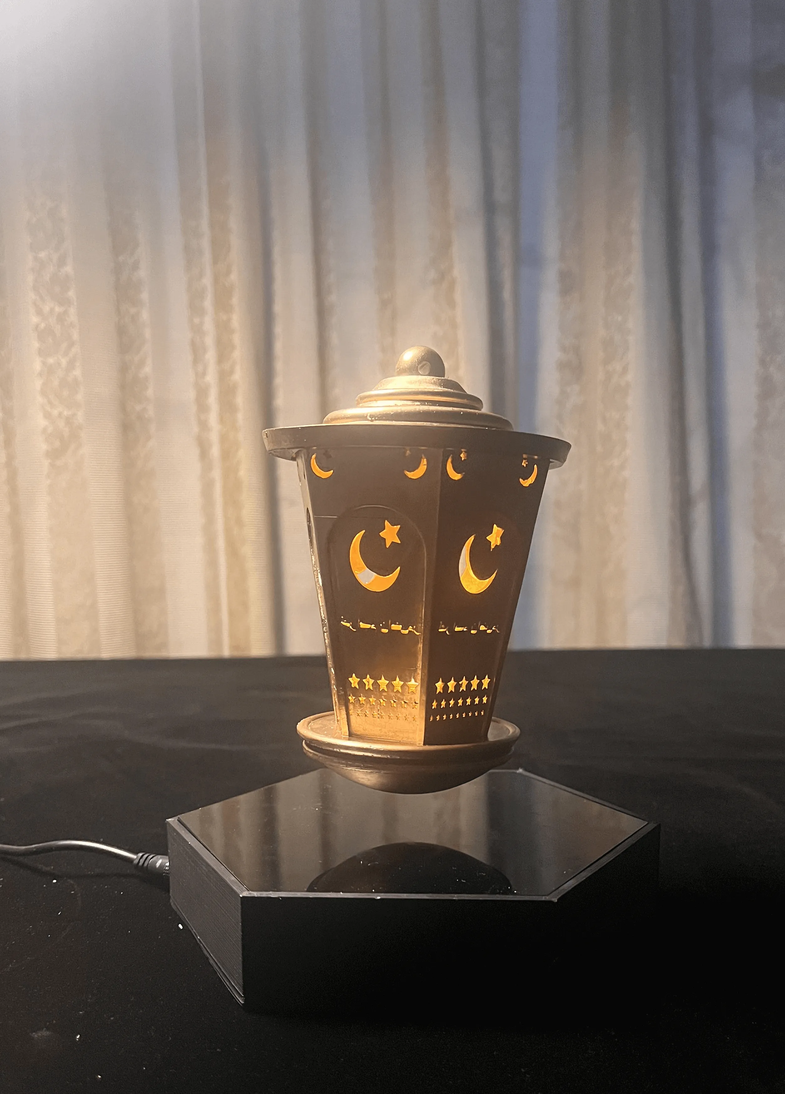 Novelty Desktop Ornaments - Desk Decor - Unique Desktop Decorations-Floating Handmade Ramadan Lantern - Magnetic Floating Islamic Lamp with Glowing Lights with Bluetooth Speaker and Remote-Controlled LED Lights