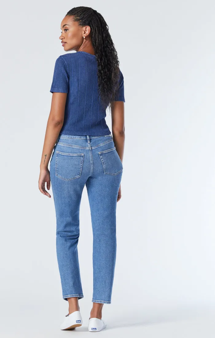 SOHO GIRLFRIEND JEANS IN MID DISTRESSED RECYCLED BLUE