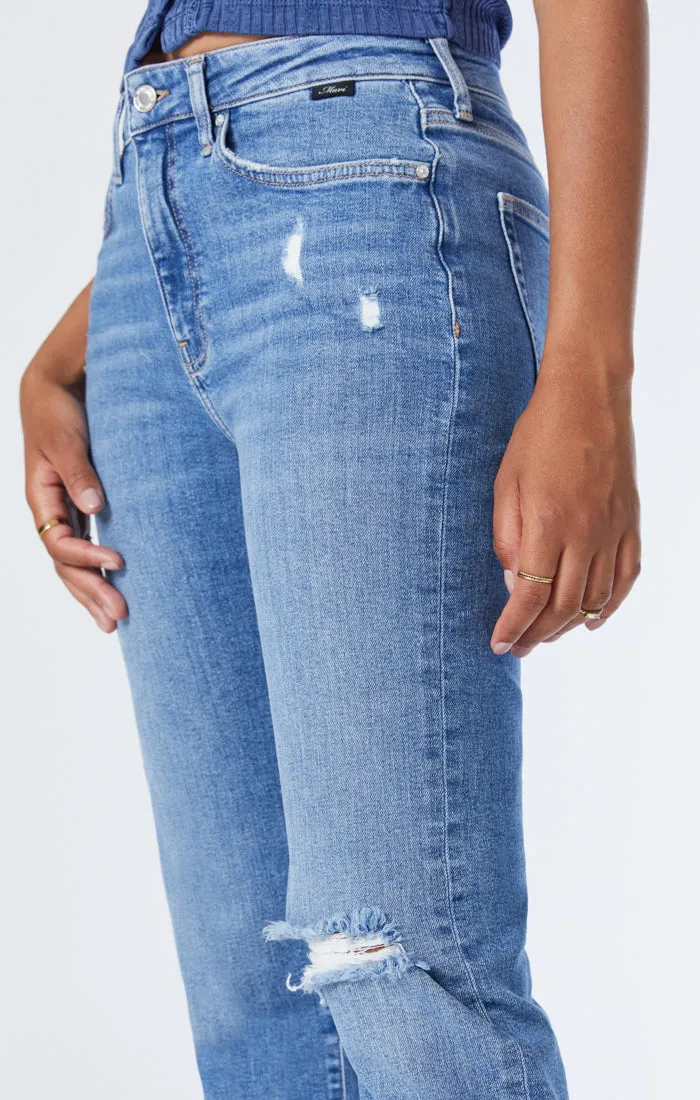 SOHO GIRLFRIEND JEANS IN MID DISTRESSED RECYCLED BLUE