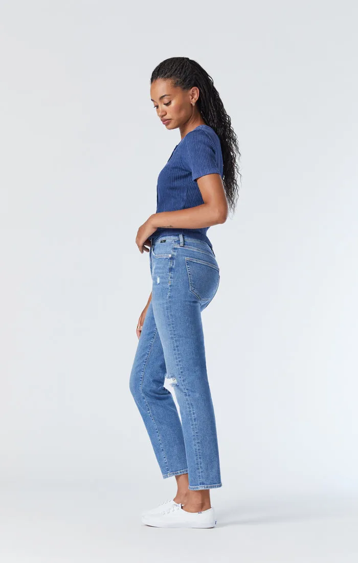 SOHO GIRLFRIEND JEANS IN MID DISTRESSED RECYCLED BLUE