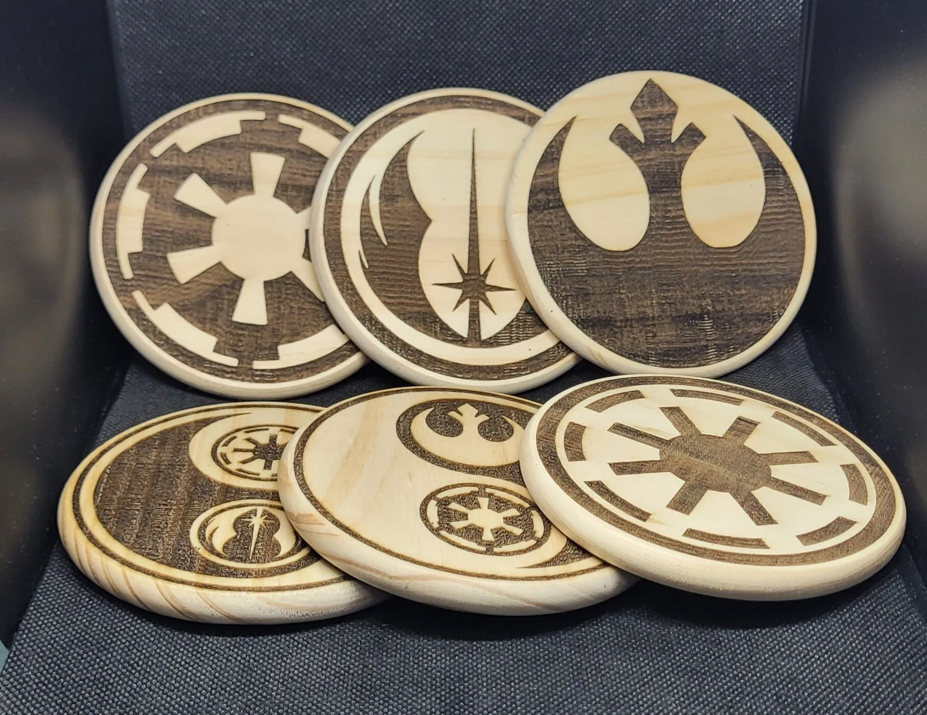 star wars symbols coasters made in solid wood with felt backing